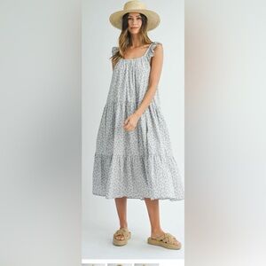 Mable Floral Ruffle Midi Dress in Blue and White